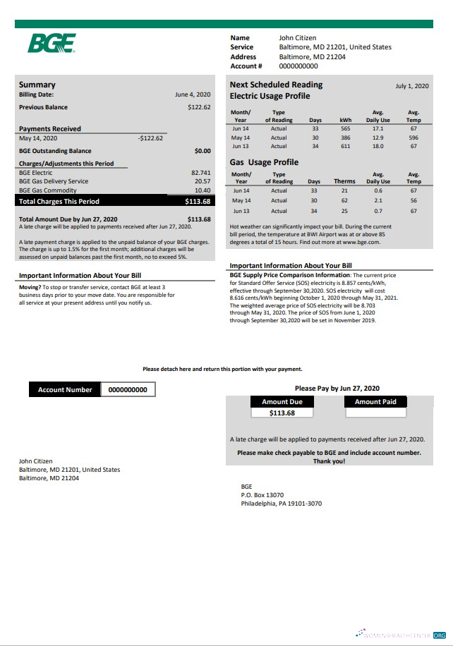 download USA Maryland BGE gas and electric utility bill template in Word and PDF format PDF template